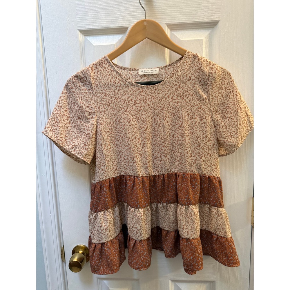 Paper Crane Floral Tiered Babydoll Top Rust Cream Short Sleeve Small T41655A